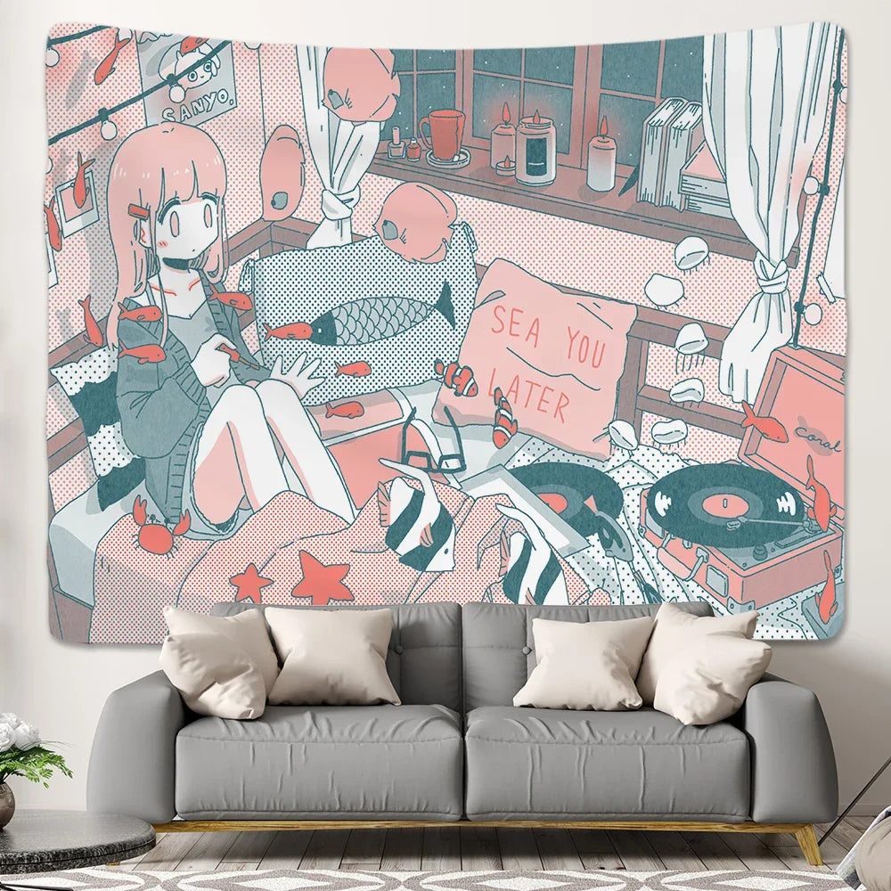 Pink Kawaii Anime Girl Wall Tapestry