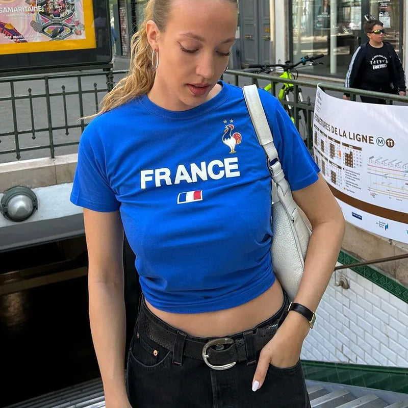 Blue France Letter Y2K Baby Tee