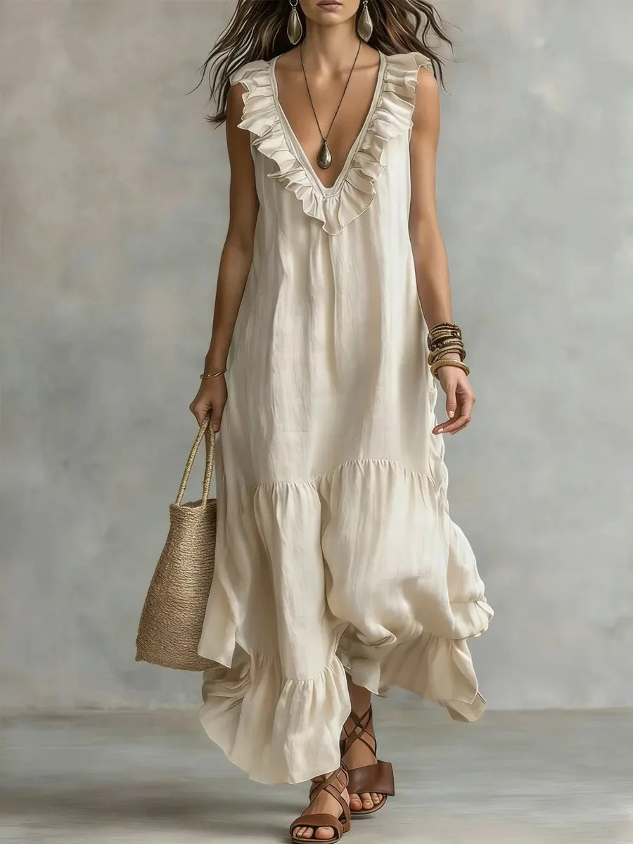 Women's Cotton-Linen V-Neck Ruffle Beach Dress