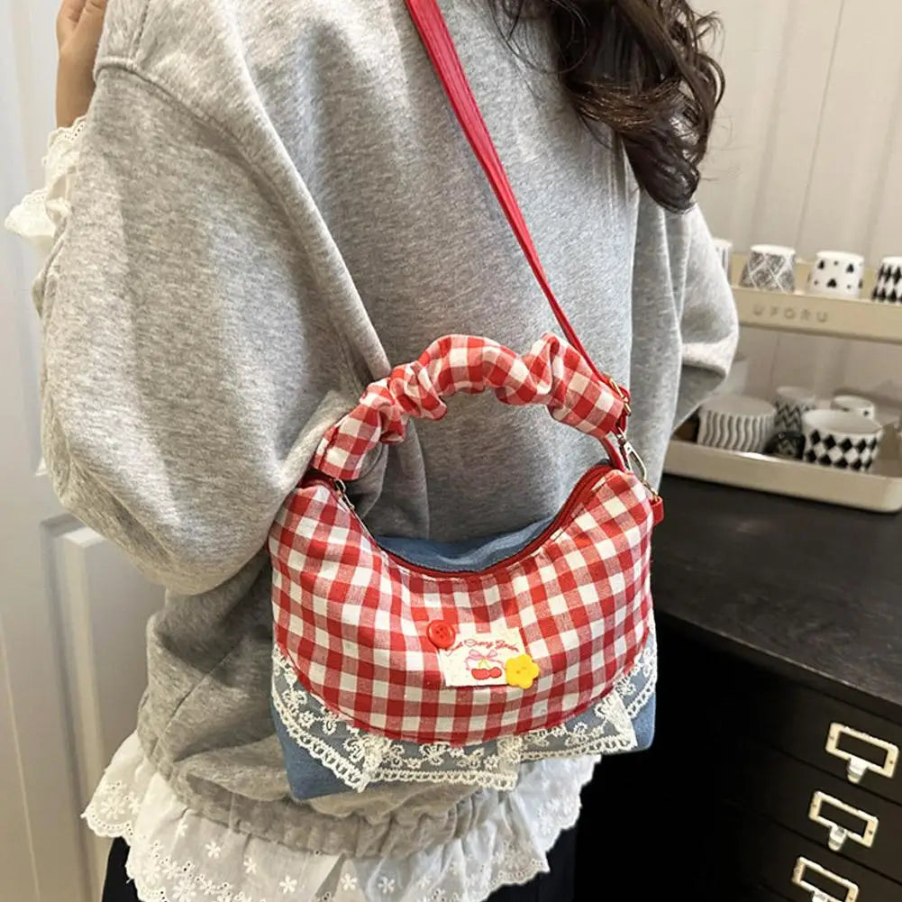 Lace Plaid Bow Shoulder Bag