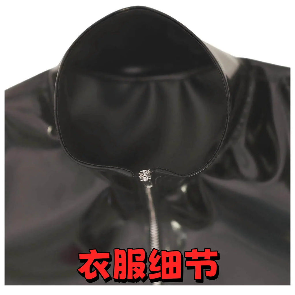 Sexy Men High Neck Long Sleeve T-shirt PU Double Side Top PVC Glossy Shiny Fashion Stage Wear Elastic Slim Tights Dance Wear