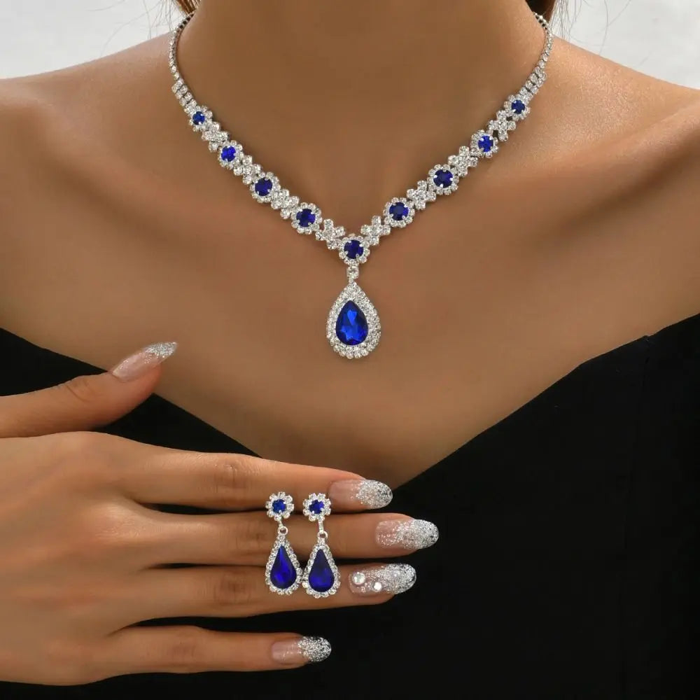 Fashionable Crystal Jewelry Necklace Earring Set Premium Luxury Dangle Earrings Water Drop Inlaid Zircon Pendant Necklace Bride