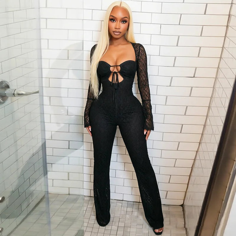 Sexy chest wrapped lace waist cinched hollow drawstring long sleeved jumpsuit pants