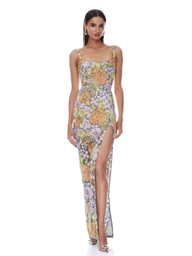 Sexy Spaghetti Strap Sparkling Sequin Floral Maxi Dress Women Sleeveless Embroidery Sequins Split Dresses Evening Party Gowns