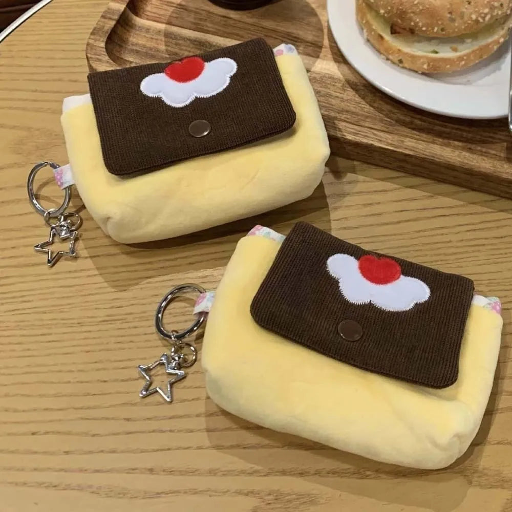 Cherry Pudding Design Coin Purse Soft Velvet Compact Dimension Mini Pouch Wallet Snap Button Closure Corduroy Texture