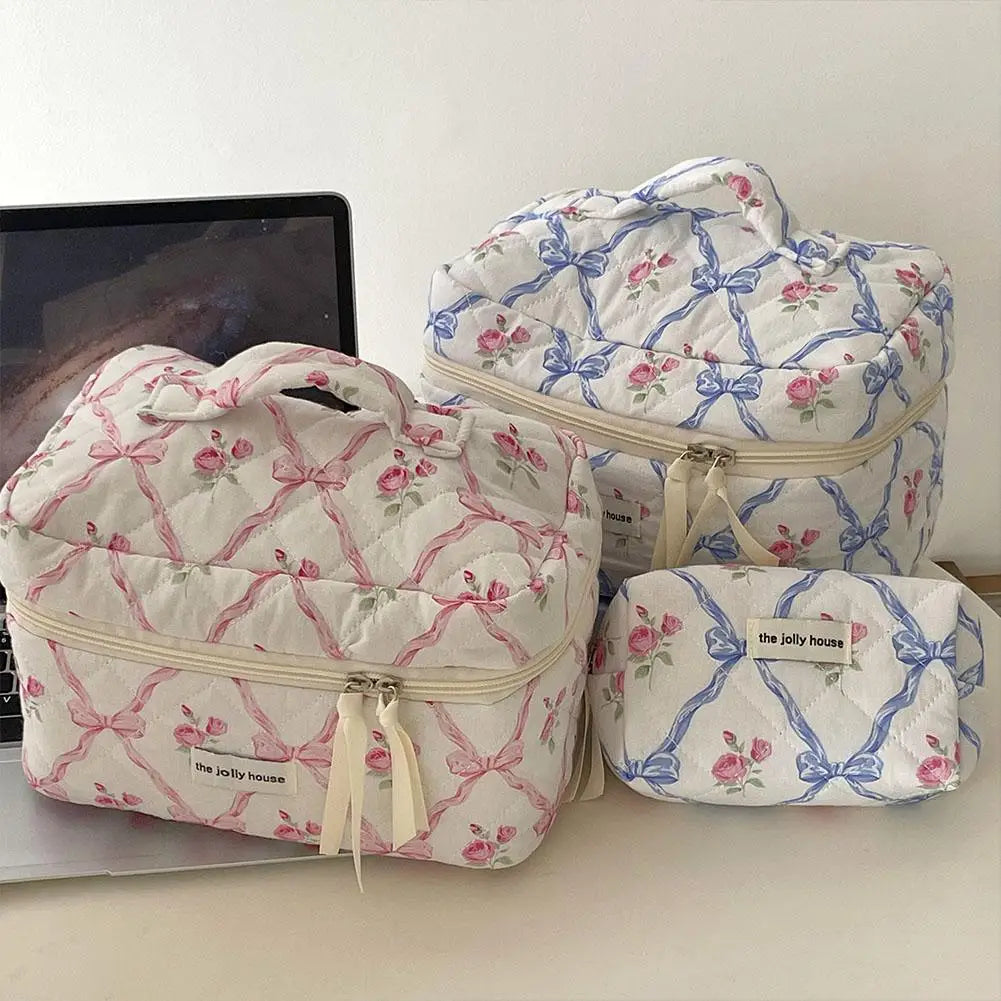 Quilted Bow Floral Makeup Bag