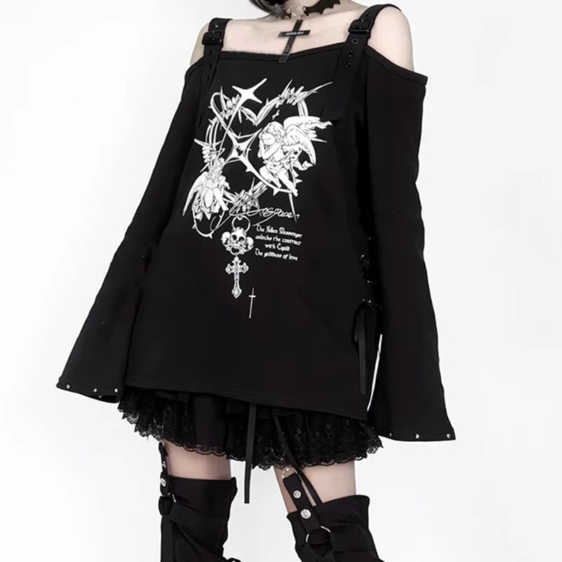New Off-the-shoulder Subculture Cotton Tee Japanese Punk Gothic Print Dark Loose T-shirt Short/Long Sleeves Y2K Girls Cool Tops
