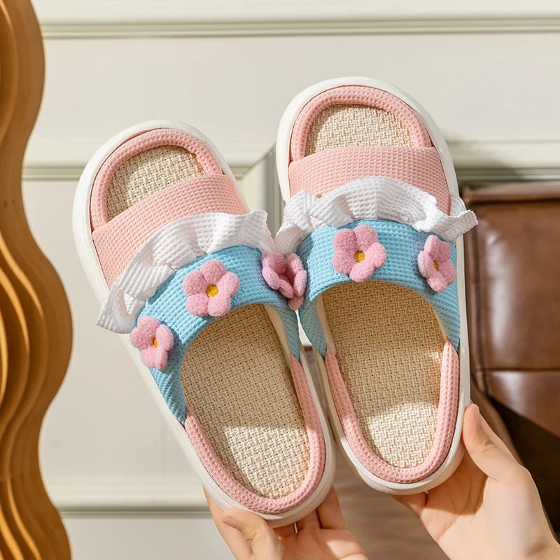 Platform Slippers Women Home Cartoon Cute Flower Designer Shoes Girls Casual House Cotton Linen Slides Flats Indoor Open Toe