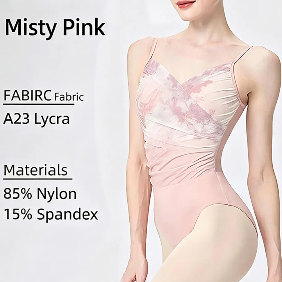Chinese Style Elegant Lyrical Ballet Gymnastics Leotard Women Dance Leotard Pleated V-Neck Bodysuit Dancewear Clothing Adult