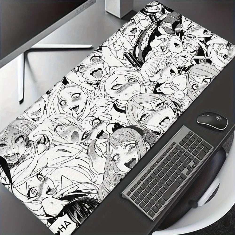 Ahegao Anime Girls Collage Gaming Mouse Pad, Large Non-Slip Desk Mat with Black & White Manga Style for Gamers & Home Office