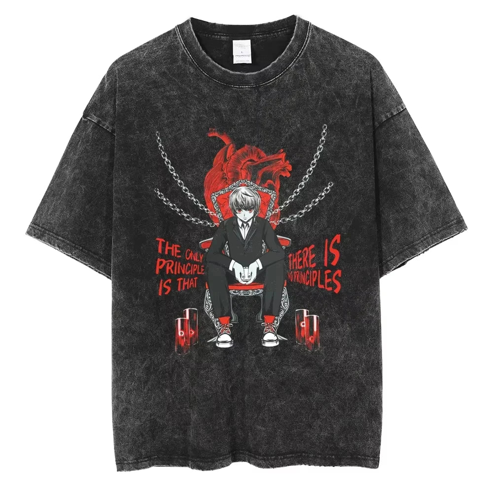 HUNTER×HUNTER T Shirt Kurapika Manga Tshirt Men Women Hip Hop Washed Cotton T-shirt Clothing Summer Short Sleeve Tees Streetwear