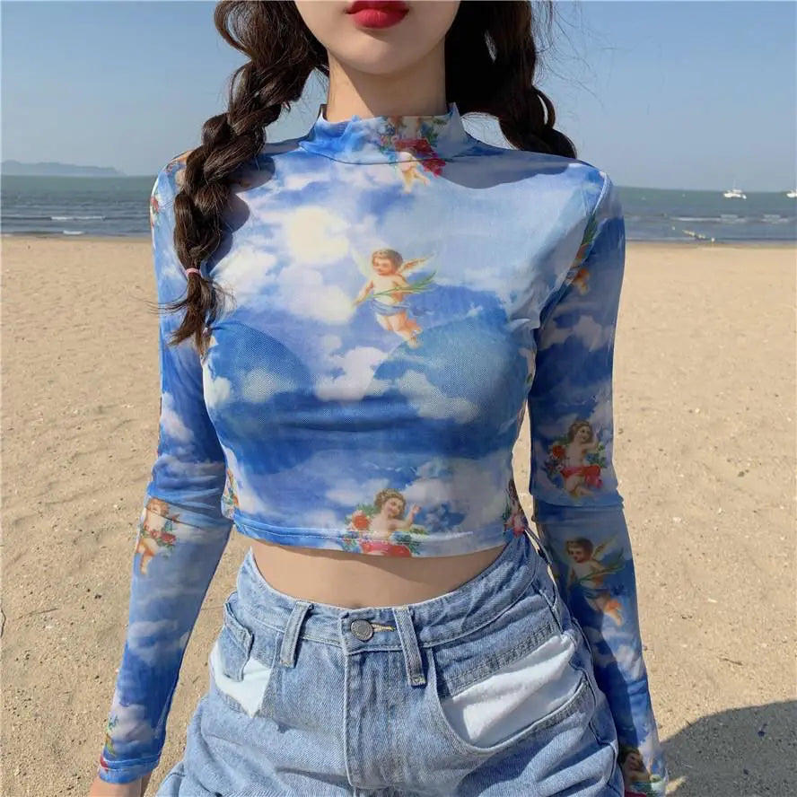 Sexy T-Shirt for Women See Through Transparent Mesh Tops Long Sleeve Sheer Slim Female clothing Fashion woman blouse 2023