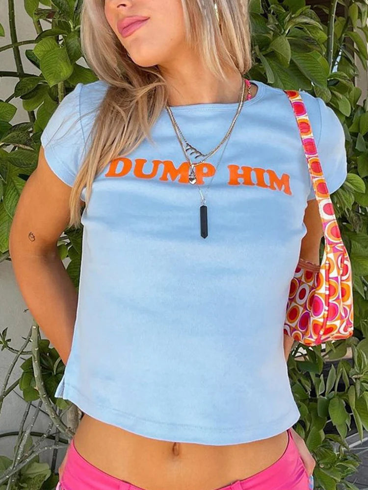 Blue Letter Print Y2K Baby Tee