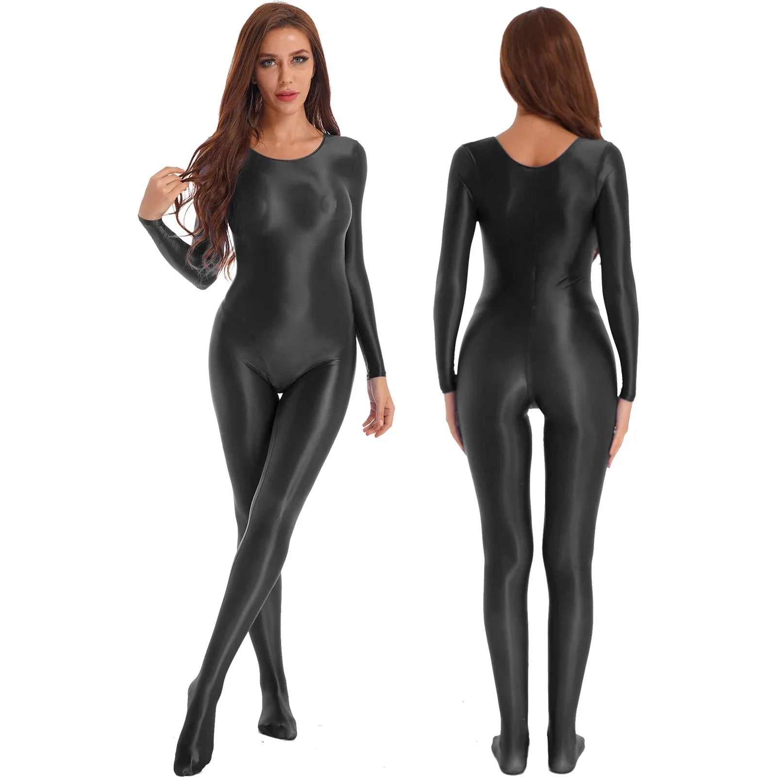 Women's Sexy Jumpsuits Long Sleeves Shapping Bodysuit Tight Elastic Oil Glossy Candy Color Unisex Leotard Exotic Club Clothing