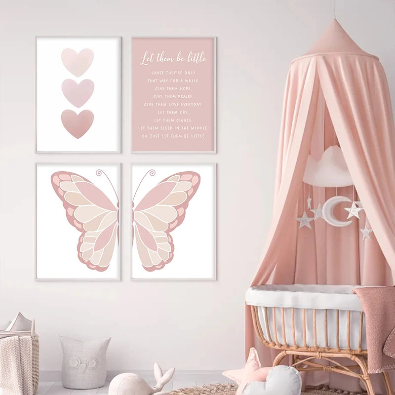 Pink Butterfly, Rainbow & Daisy Nursery Wall Art