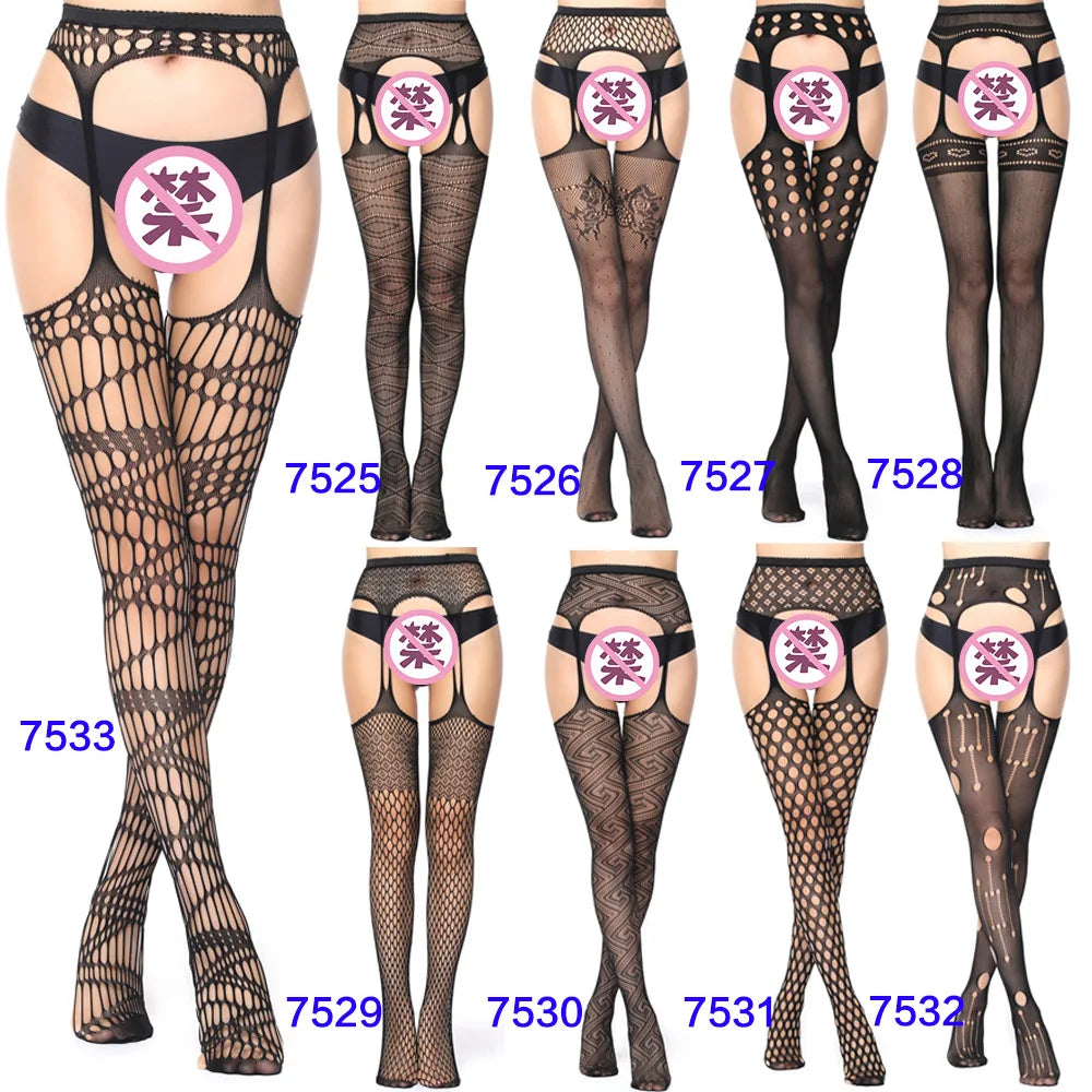 Women Thigh High Stockings With Garters Sexy Lingerie Pantyhose Hosiery Suspender Over Knee Socks Black Tights Fishnet Stockings