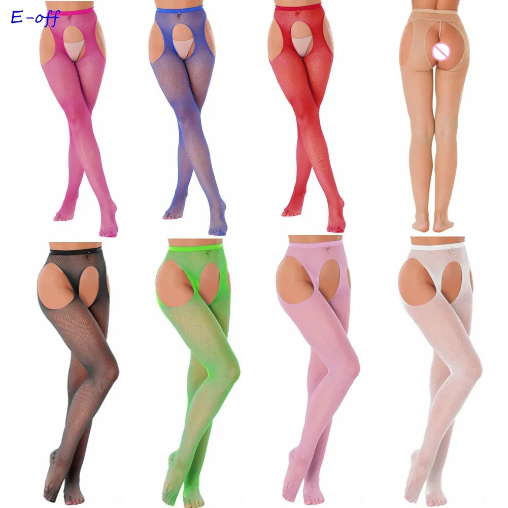 Women Sexy Solid Color Stretchy Leggings See Through Hollow Out Fishnet Stocking Lingerie Cutout Crotchless Tights Pantyhose