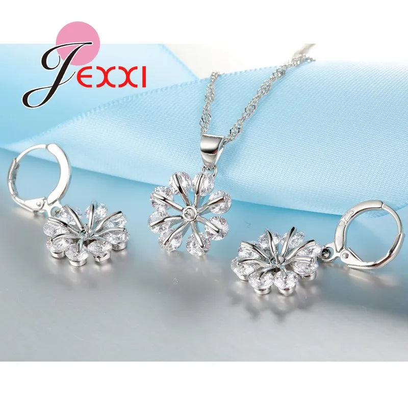Romantic Wedding Collier Jewelry Sets 925 Sterling Silver Chain Clear Crystal Snowflake Necklace Drop Earrings Bijoux