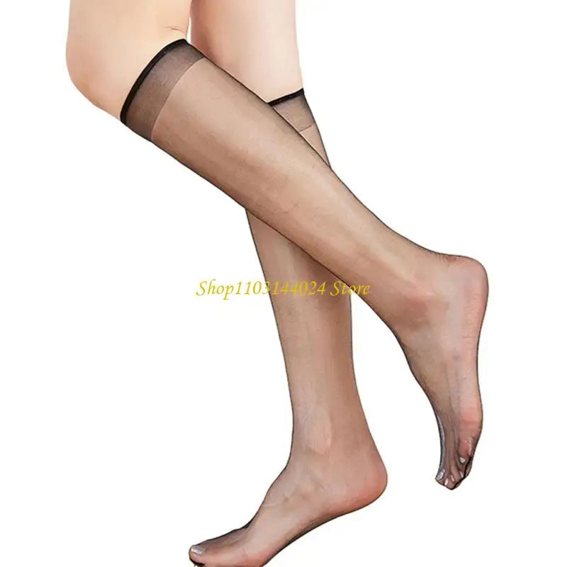N5KE Women Summer Crystal Fiber Silky Knee Highs Socks Solid Color Compression Ultra-Thin Transparent Sheer Seamless Tube