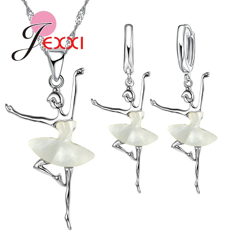 White Dancing Ballet Girls Jewelry Set Genuine 925 Sterling Silver Pendant Necklace/Earring Sets for Women Wedding Gifts