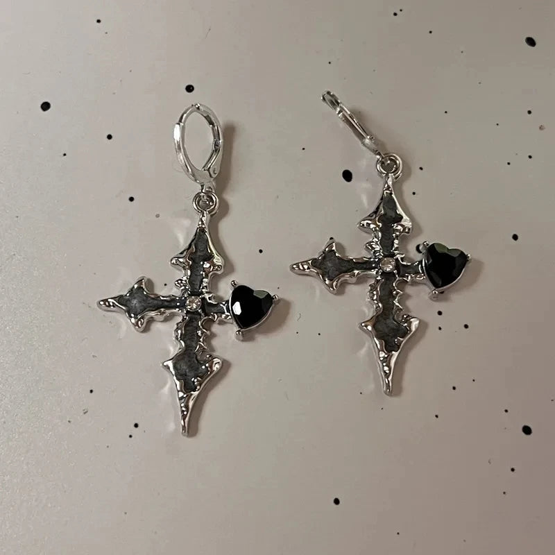 Goth Y2K Bow, Heart & Cross Drop Earrings