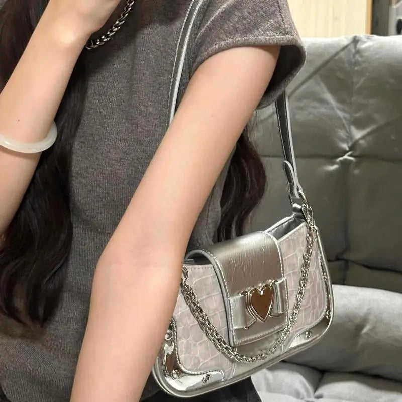 Y2K Heart Chain Pink Shoulder Bag