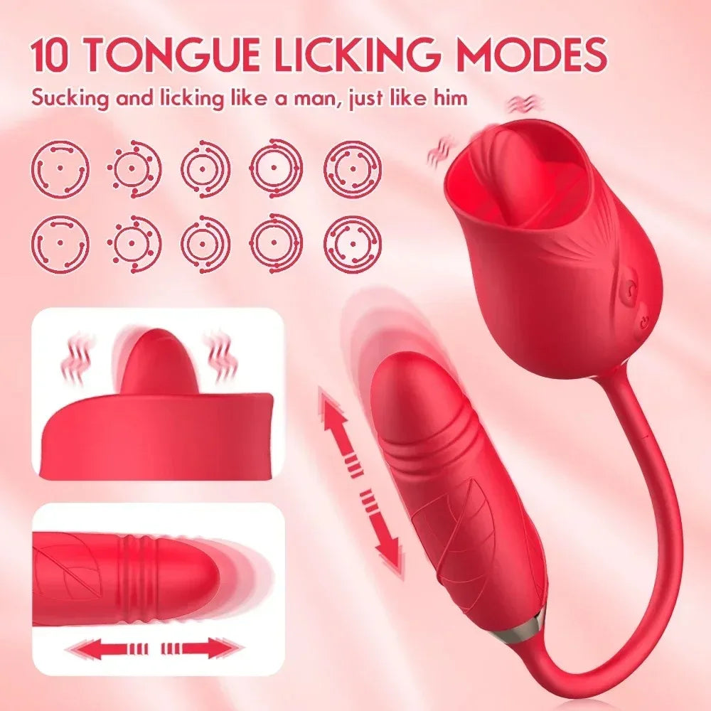 Rose Licking Vibrator for Women  Telescopic Dildo Powerful Thrusting Vagin Massager Tongue Clitoris Stimulation Adult Sex Toys