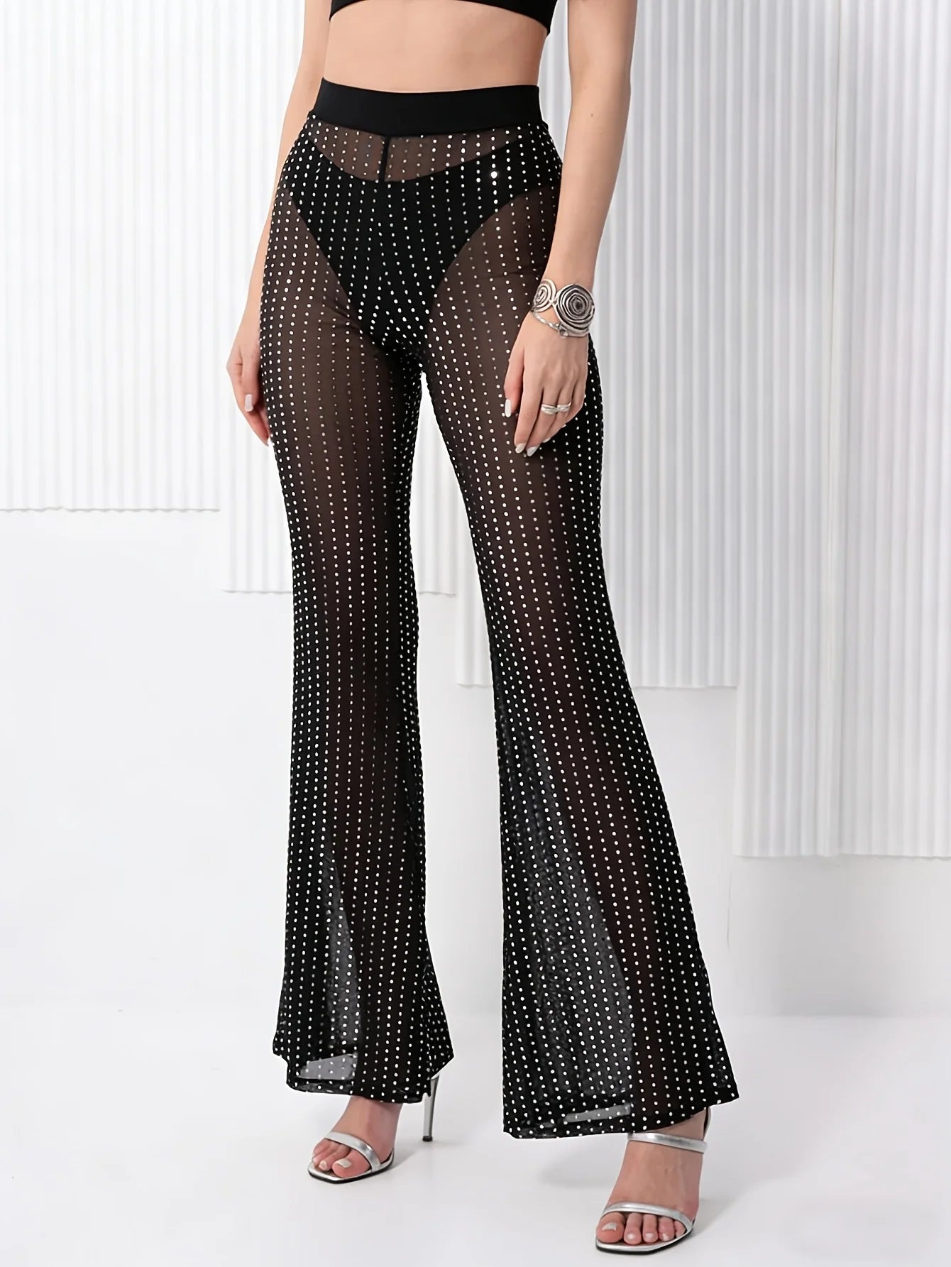 Sexy Hot Girl Style Sheer Sequined Net-fitted Flared Pants Cool And Revealing Without An Inner Layer Tight-fitting Long Pants