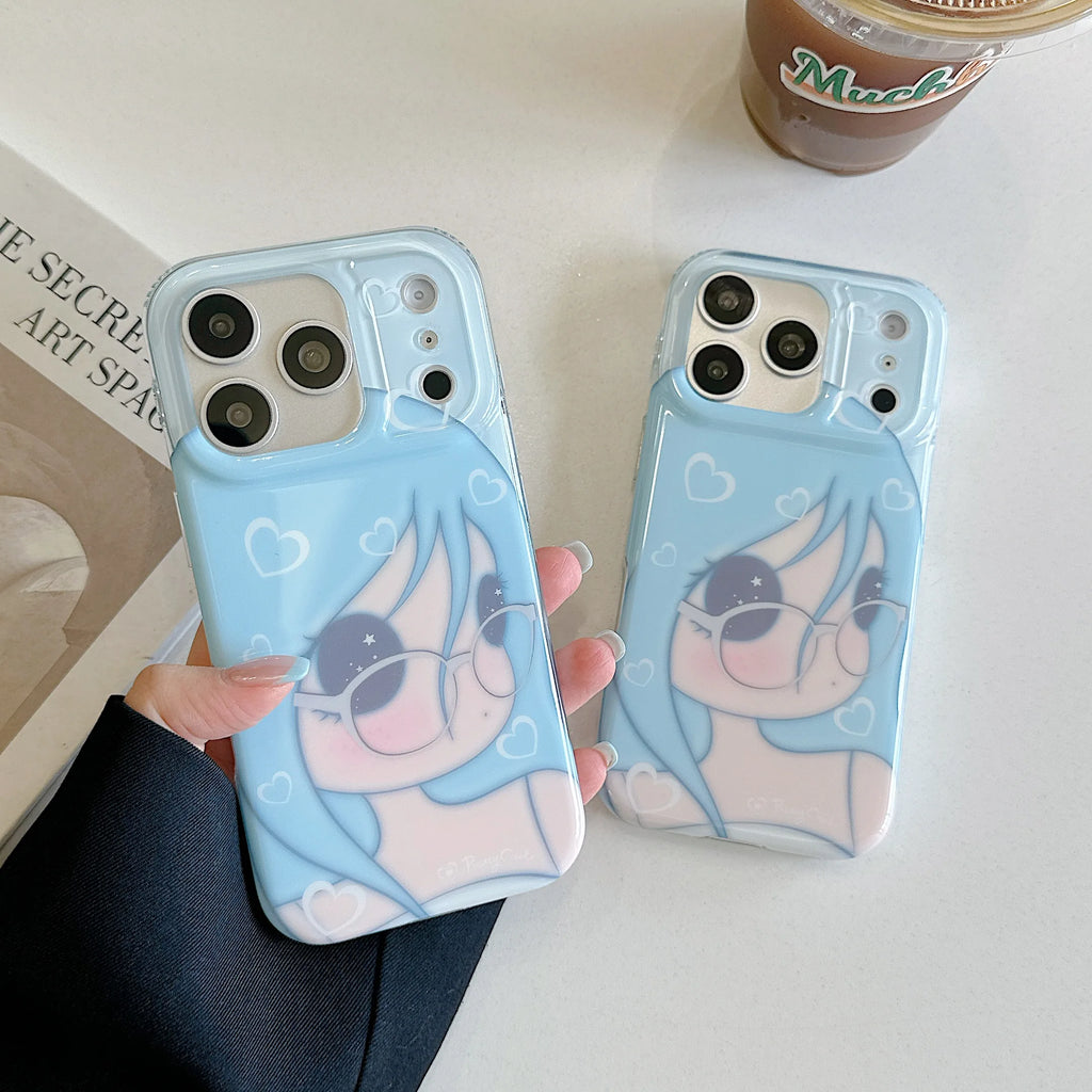 Kawaii Blue Hair Anime Girl Phone Case for IPhone17 16 15 Pro ProMax Cartoon Character with Glasses Soft Gift for Girls