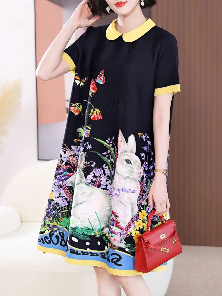 Summer short sleeved dress 2024 new pleated fashion print oversized women's black dress  vestidos de mujer