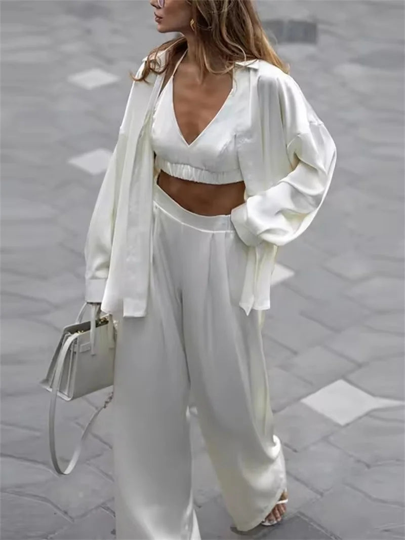 Women's Silk-Look 3-Piece Shirt, Bra & Wide-Leg Pants Set