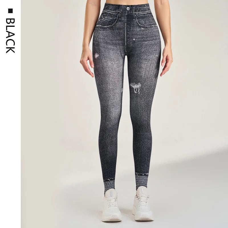 Yoga leggings Tight hip lift soft thick seamless knit fake denim stretch fitness pants Casual pencil pants imitation jeans
