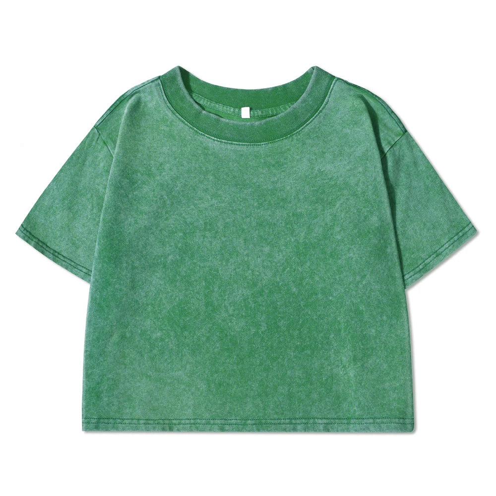 100% Cotton Washed O-Neck Crop T-Shirt