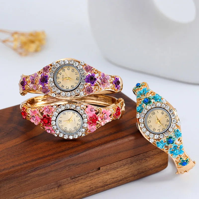 Women's Watches Stainless Steel Rhinestone Quartz Watch Women Fashion Flower Vintage Bangle Elegant Wristwatch Zegarek Damski