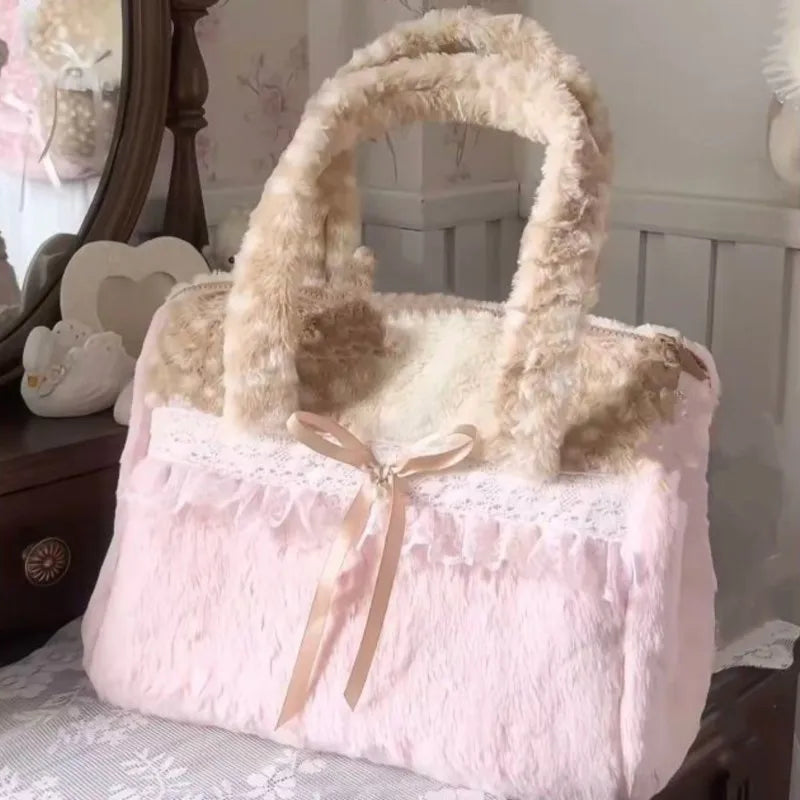 Plush Bow Lace Tote Bag