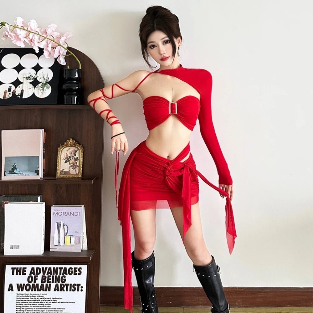 SylCue Sexy Fashion 3 Piece Set Woman Irregular Shirring Full Sleeve Shawl+Strapless Tops+Kink Design Skirts Wild Style Suits