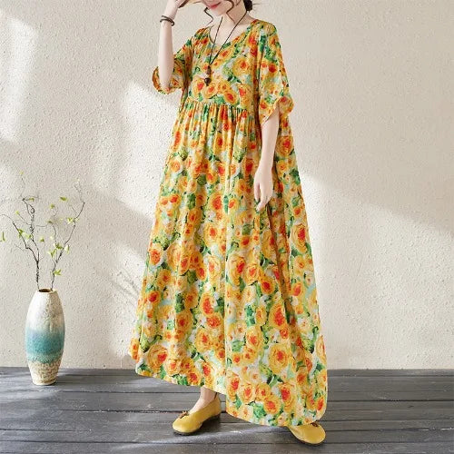 Summer Vacation Dress Women's Loose Midi Skirt Slimming A-Line Long Dress Commute Style round Neck Short Sleeve Casual Dress