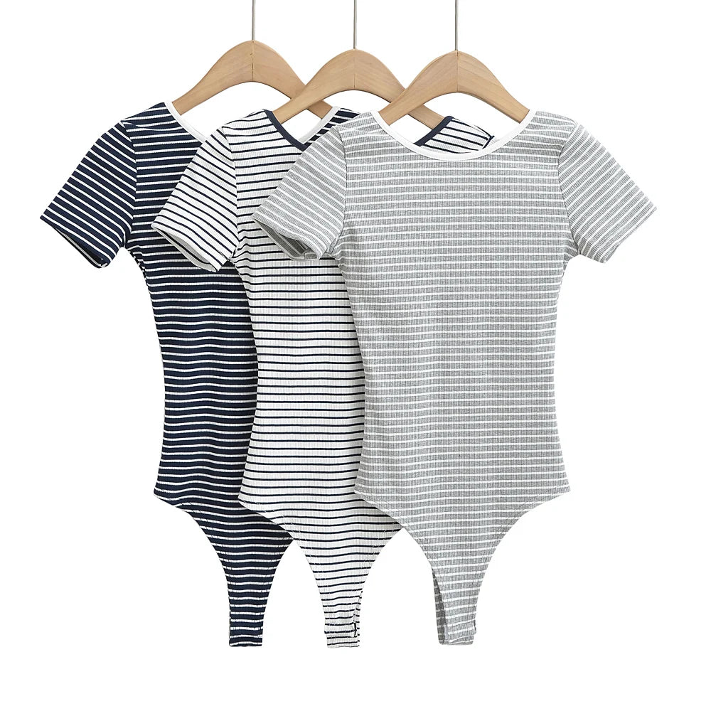 Sexy lingerie black and white striped short sleeve bodysuit women korean fashion tops for women 2024 bodycon bodysuits knitted