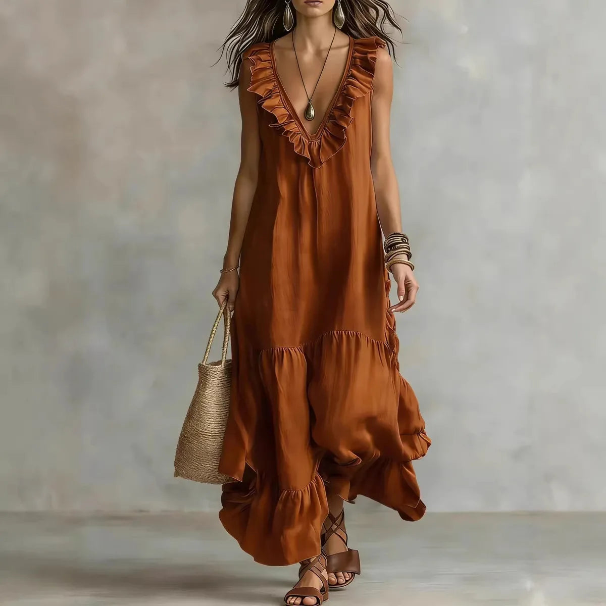 Women's Cotton-Linen V-Neck Ruffle Beach Dress