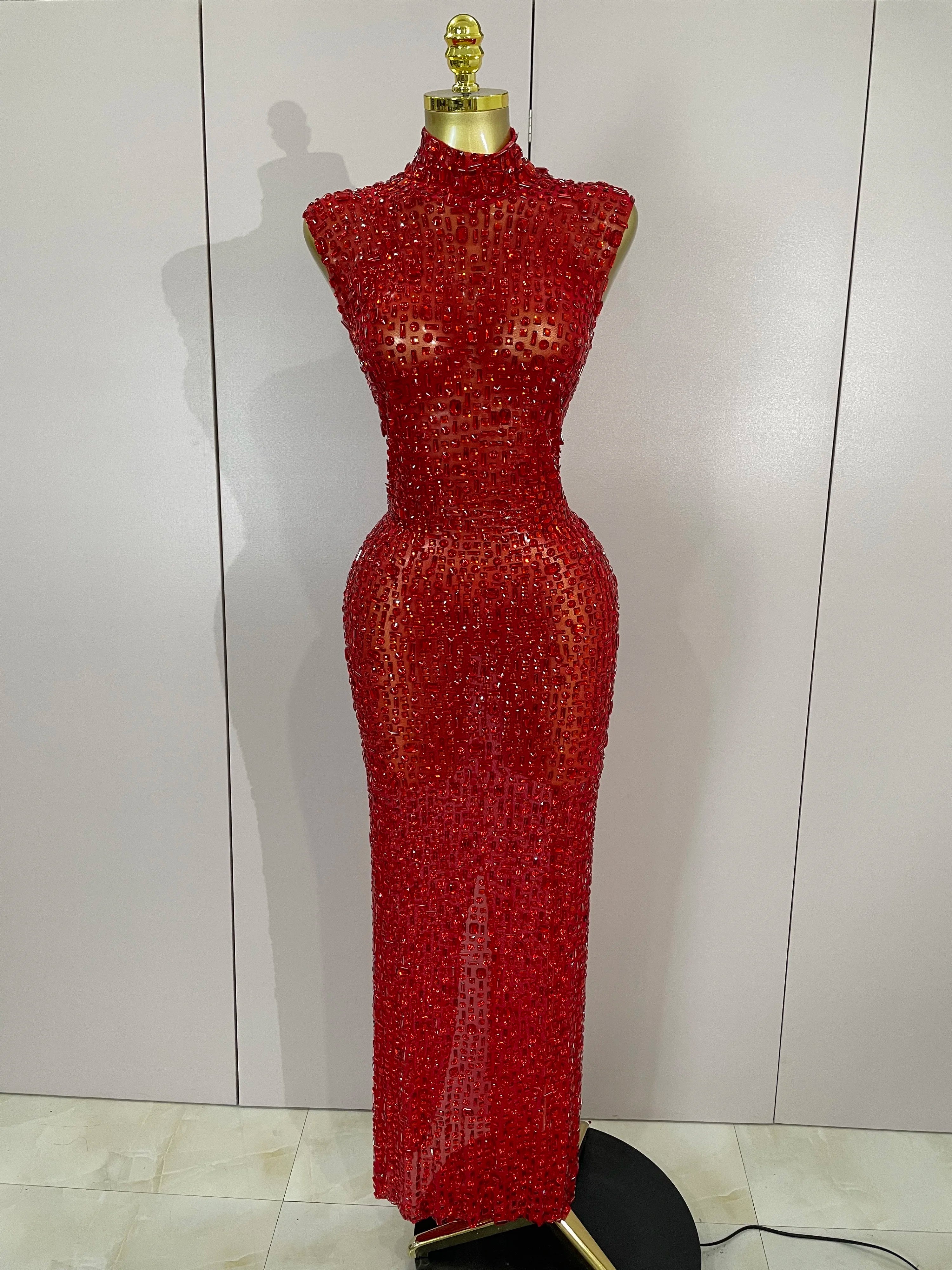Luxury Sparkly Diamonds Red Sexy Mesh See Through Long Dress Women Eveing Celebrate Birthday Dress Wedding Singer Stage Costume