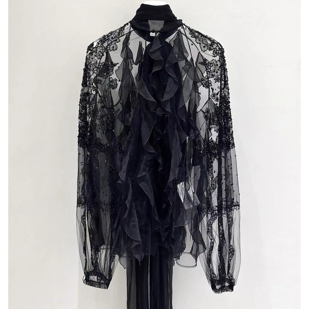 Sexy Ladies Transparent Shirt Fashion Women's Silk Blouse High Quality Summer Chiffon Shirt With Ruffles