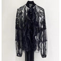 Sexy Ladies Transparent Shirt Fashion Women's Silk Blouse High Quality Summer Chiffon Shirt With Ruffles