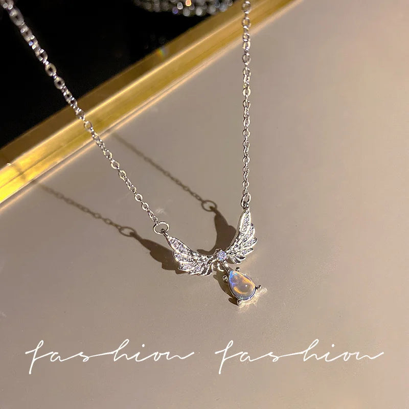 Crystal Bow, Angel Wings & Heart Necklace