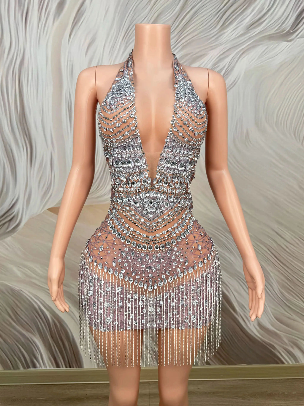 Sparkly Rhinestones Sexy Backless Mesh See Through Mini Dress Women Luxury Birthday Evening Party Dresses Nightclub Stage Outfit