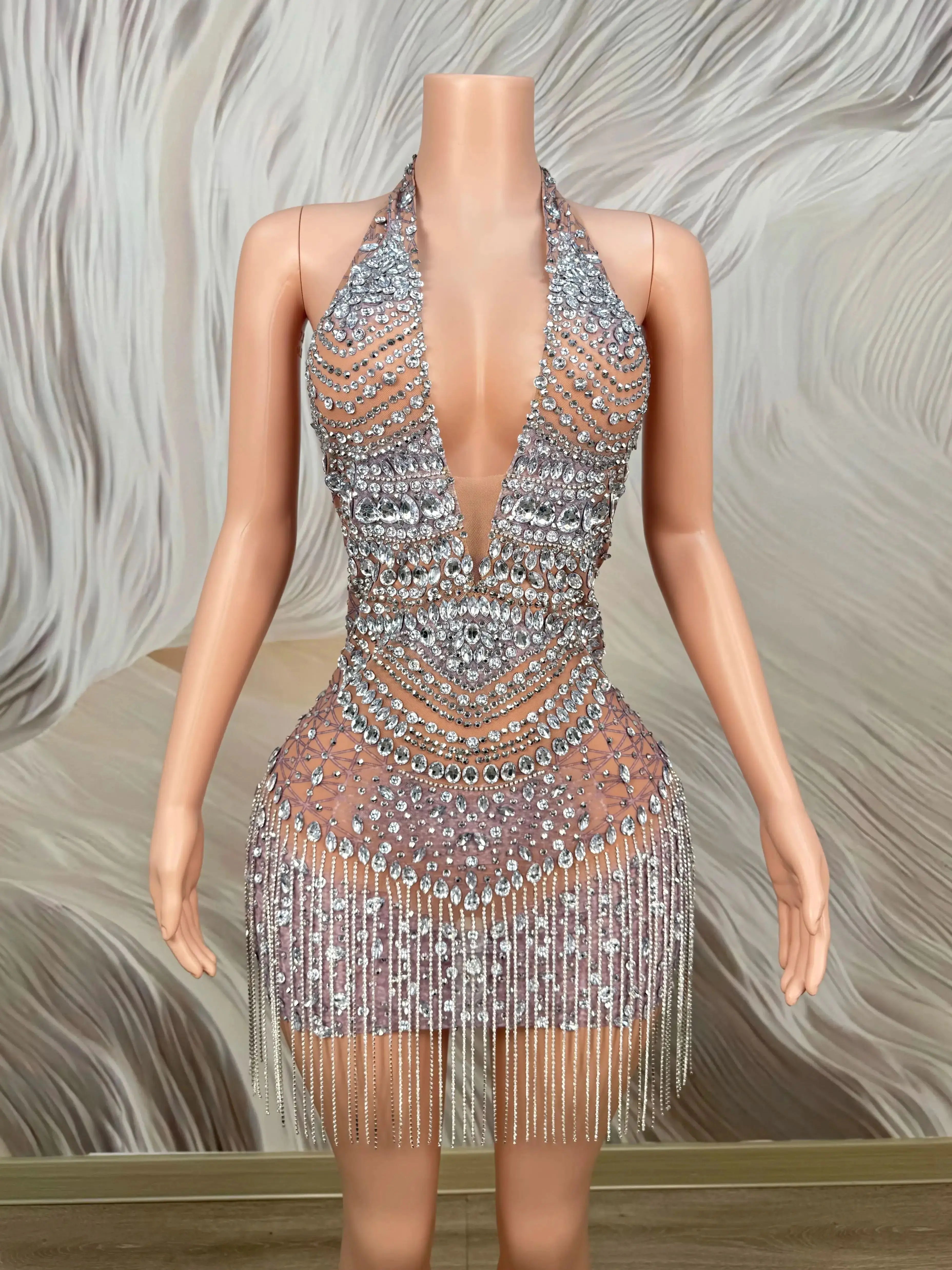 Sparkly Rhinestones Sexy Backless Mesh See Through Mini Dress Women Luxury Birthday Evening Party Dresses Nightclub Stage Outfit
