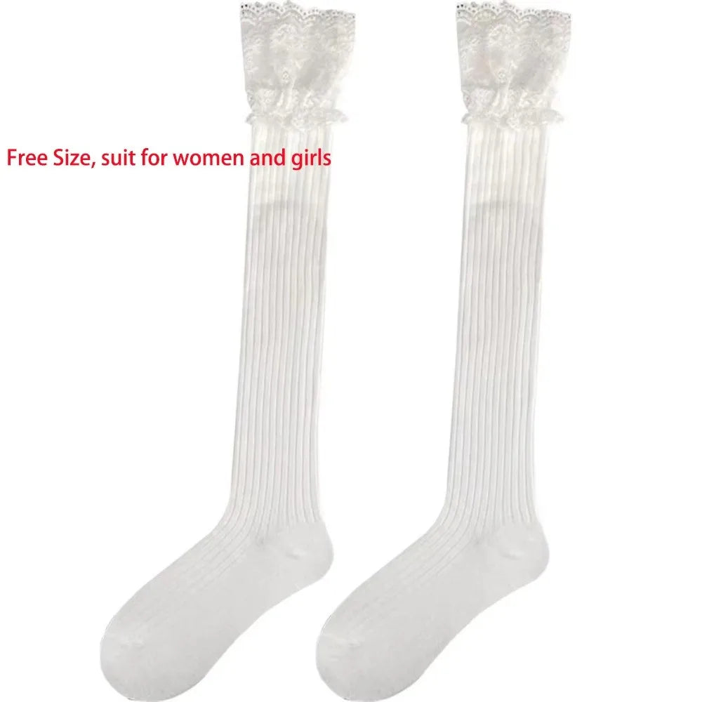 Warm Lace Design Thigh High Socks Knee High Pairs Lace Socks Warm Material Black White Lolita Stockings for Girls