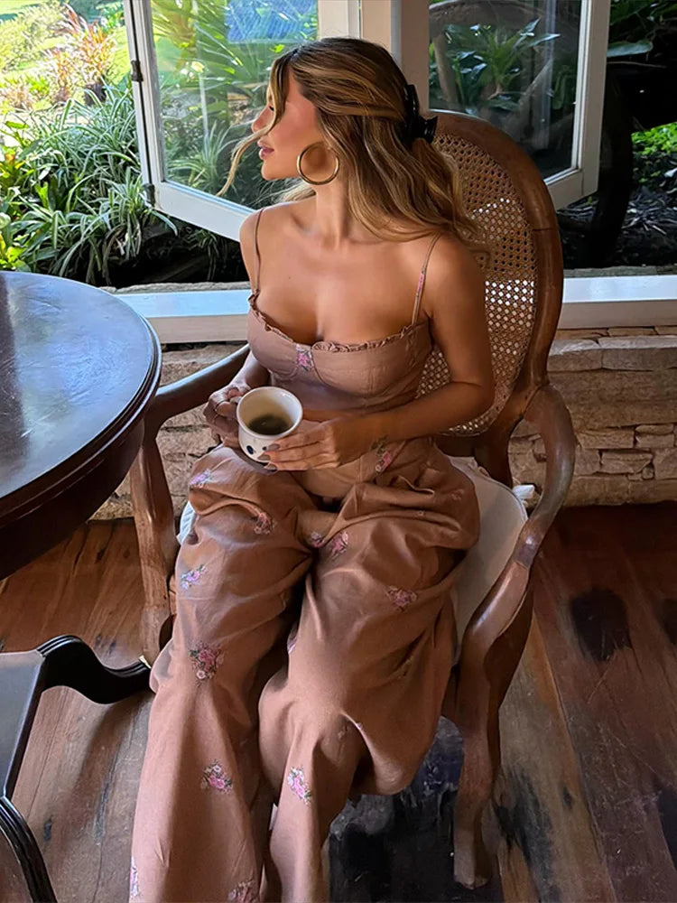 Sexy Print Vest Pants Set Women Beach Ruffle Slash Neck Lace Up Top Wide Leg Trousers 2026 Summer Holidays Lady Outfits