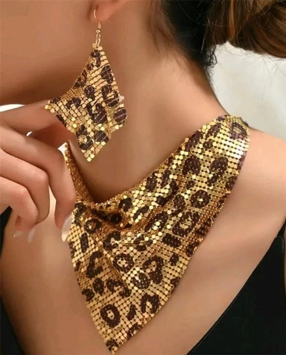 Leopard Print Bib Necklace & Dangle Earring Set