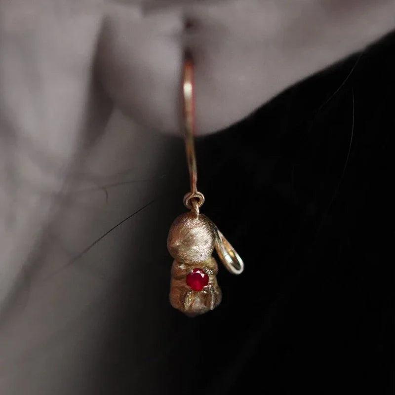 Cute and Exquisite Rabbit Jewelry Sets New in Fun Matte Ancient Gold Craft Earrings for Women Ring Necklace Gifts to Girlfriend