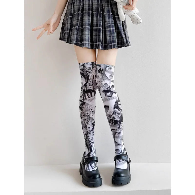 Ahegao Meme Anime Face Print Cute Kawaii Thigh High Socks Over Knee Soft Elastic Velvet Lolita Cosplay Socks Gift For Anime Fans